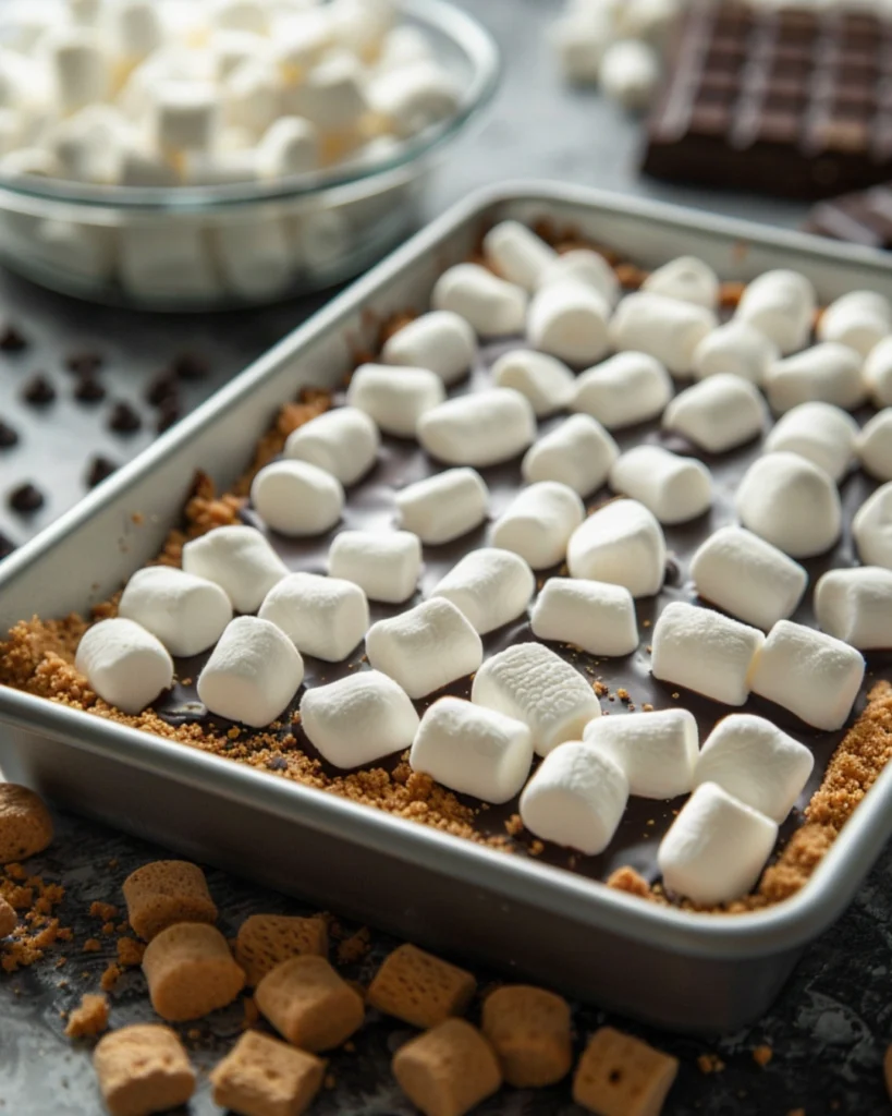 S’more bars recipe – 1 Ultimate Dessert for Gooey Chocolate Lovers 3 Assembling s’more bars before baking