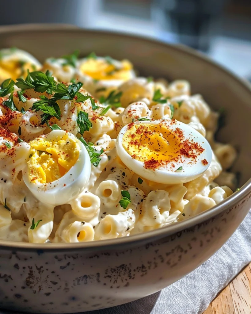 Creamy Egg Macaroni Salad: 5 Secrets to the Best Classic Comfort 4 Serving bowl of Creamy Egg Macaroni Salad garnished with paprika and parsley, ready to eat on a kitchen table.