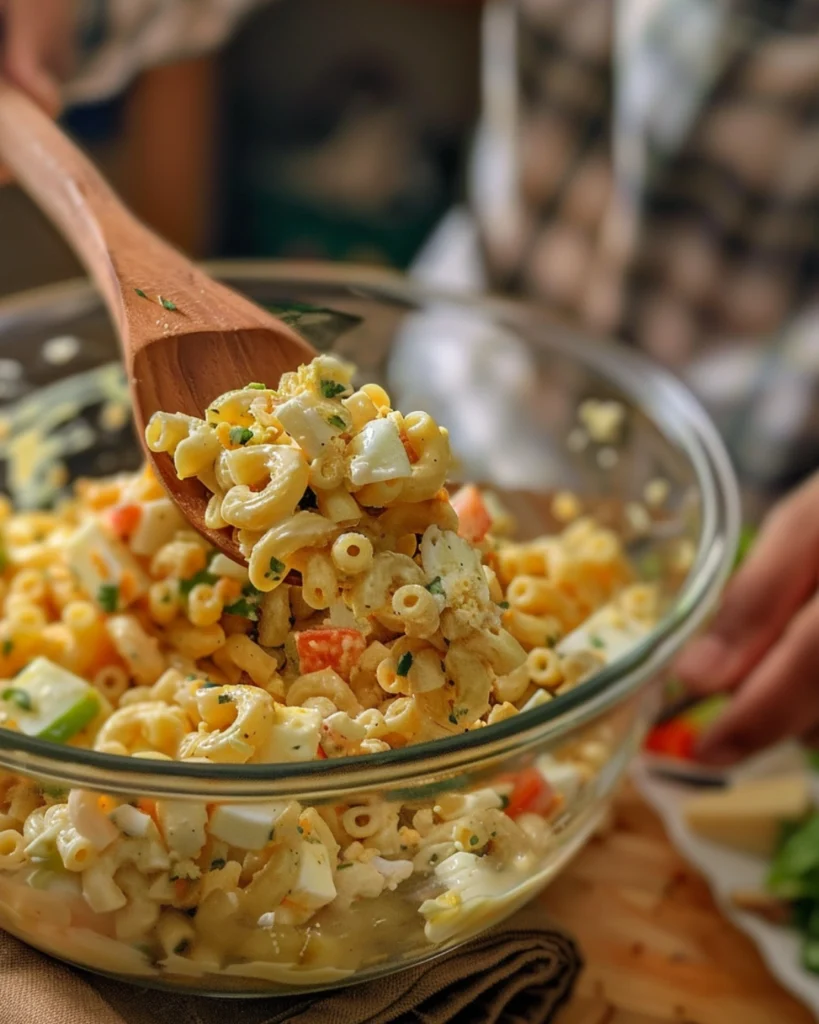 Creamy Egg Macaroni Salad: 5 Secrets to the Best Classic Comfort 3 Mixing cooked macaroni with chopped eggs, vegetables, and creamy dressing in a glass bowl with a wooden spoon.