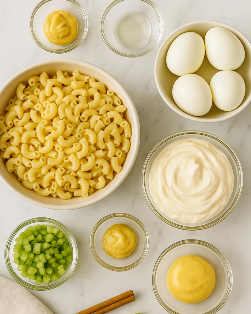 Creamy Egg Macaroni Salad: 5 Secrets to the Best Classic Comfort 2 Flat lay of macaroni, hard-boiled eggs, mayonnaise, mustard, vinegar, celery, and onions arranged neatly on a white marble counter.