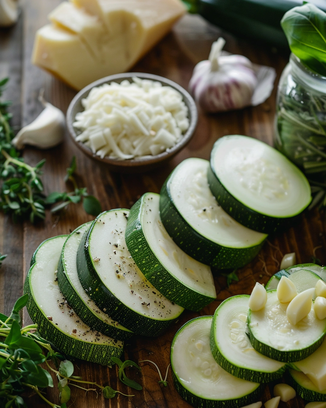 Fresh ingredients for cheesy zucchini bake on wooden counter