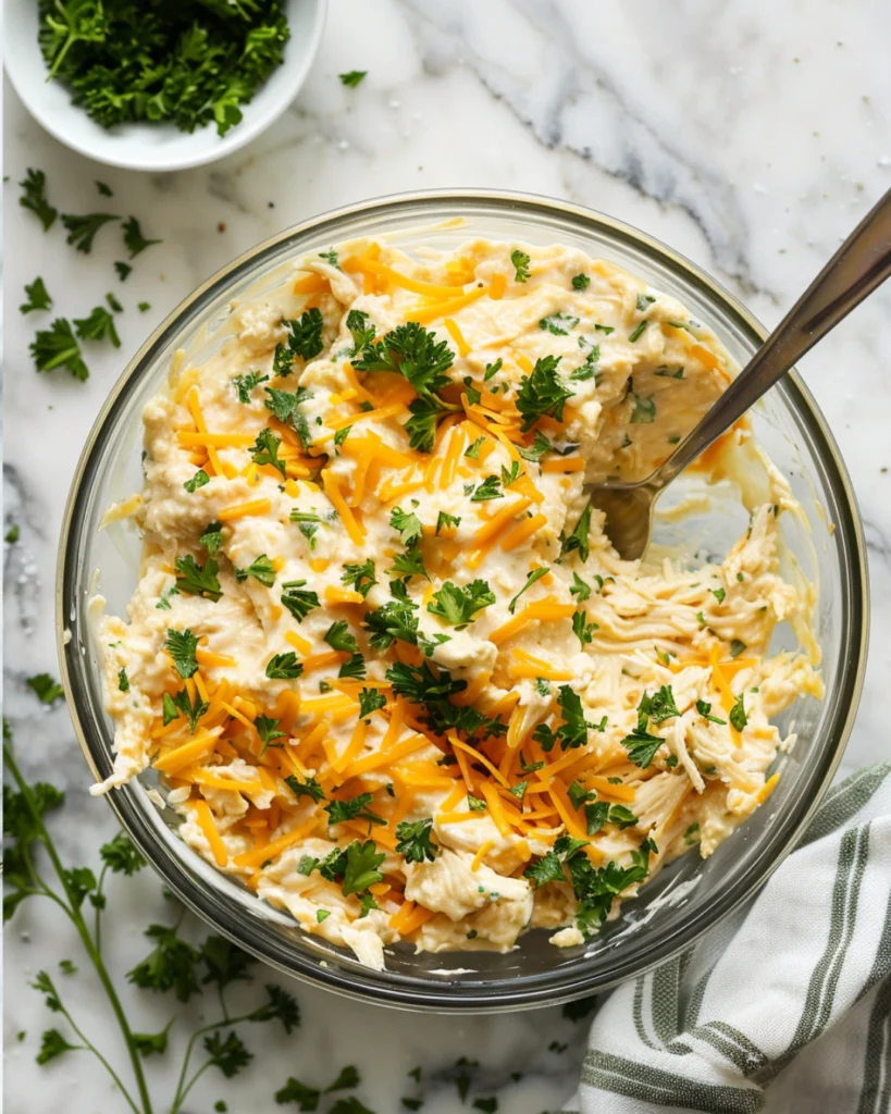 Cheesy Chicken Crescent Rolls: 5 Ingredient Irresistible Comfort Food Recipe 3 Bowl of creamy chicken and cheese filling being mixed with parsley and spices for crescent rolls. Title: Preparing the creamy chicken and cheese filling