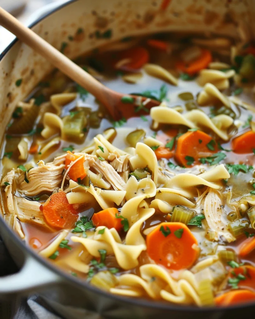 chicken noodle soup simmering in pot