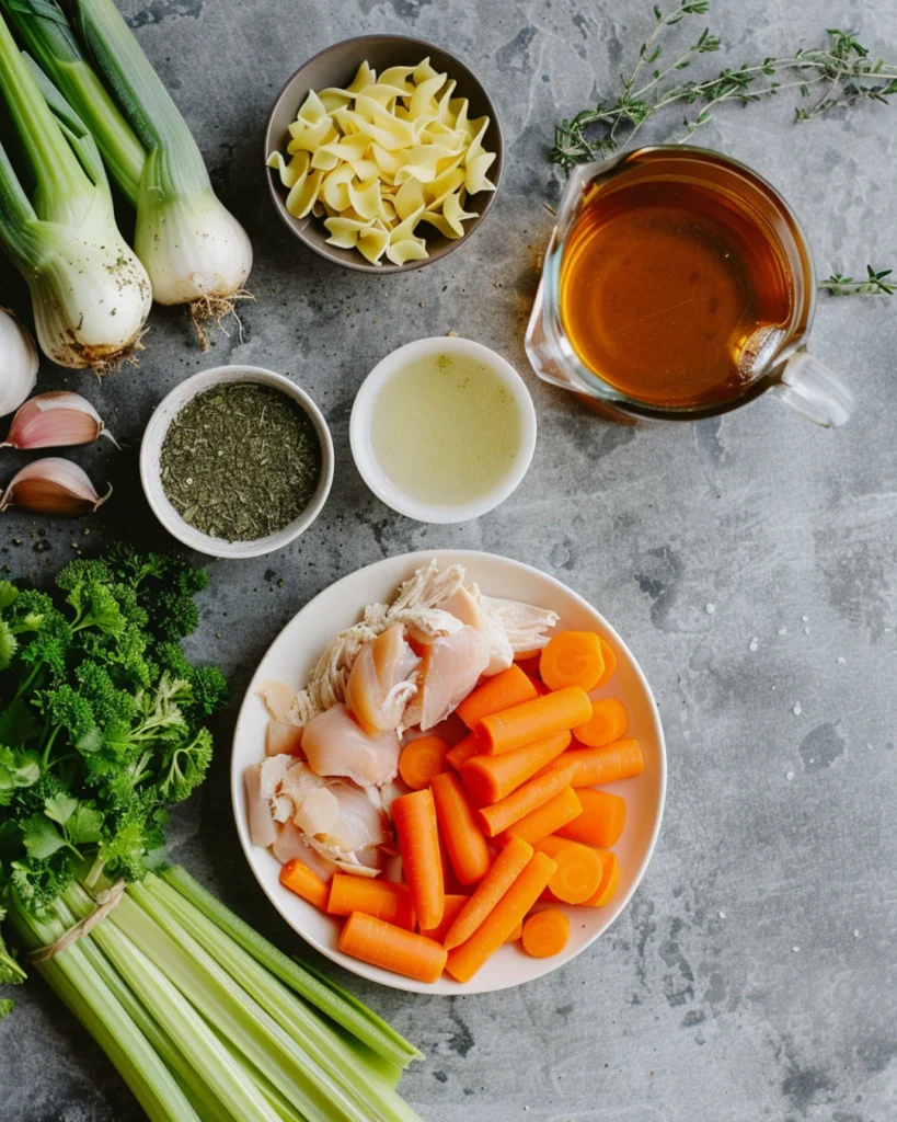 chicken noodle soup ingredients flat lay