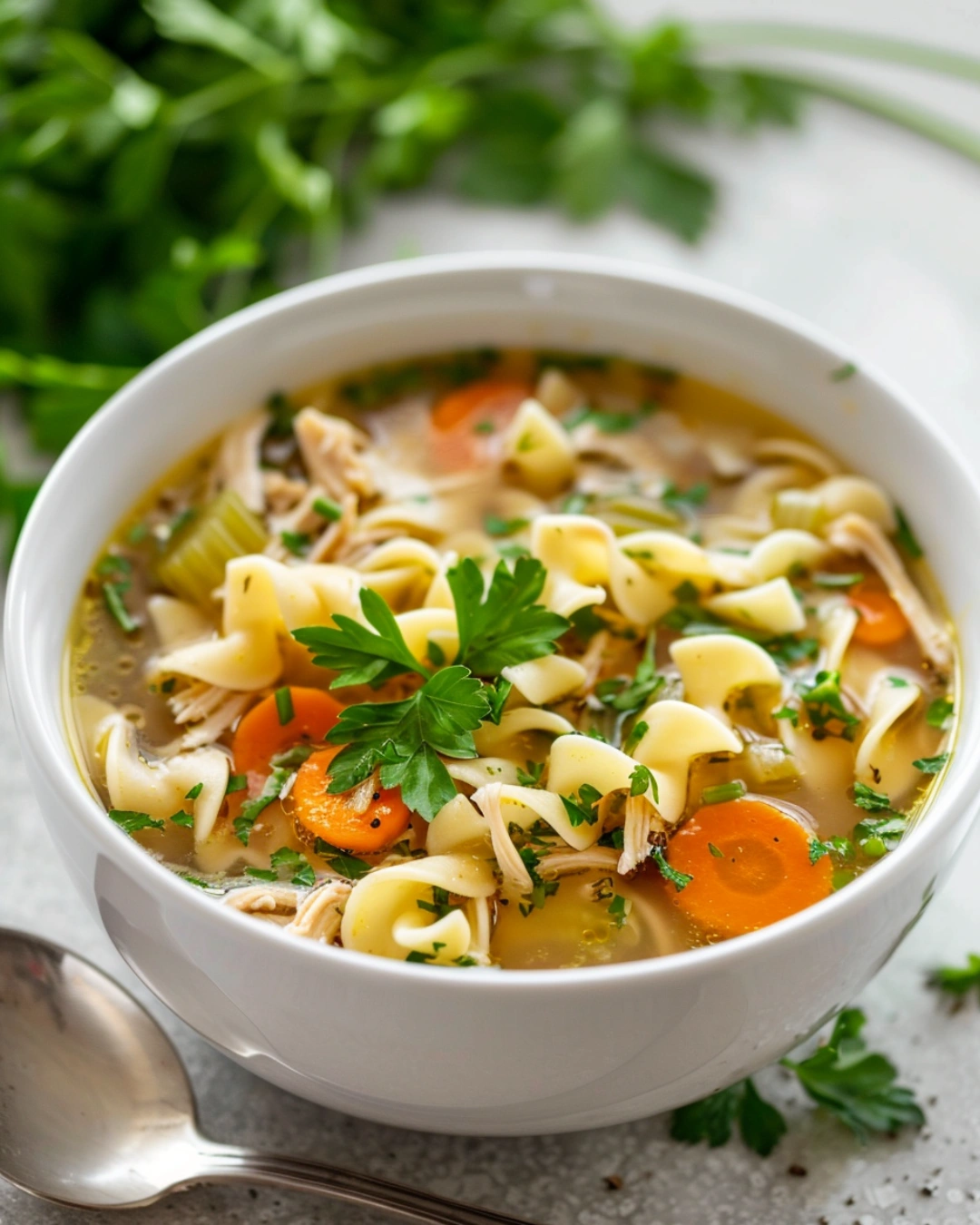 serving chicken noodle soup bowl