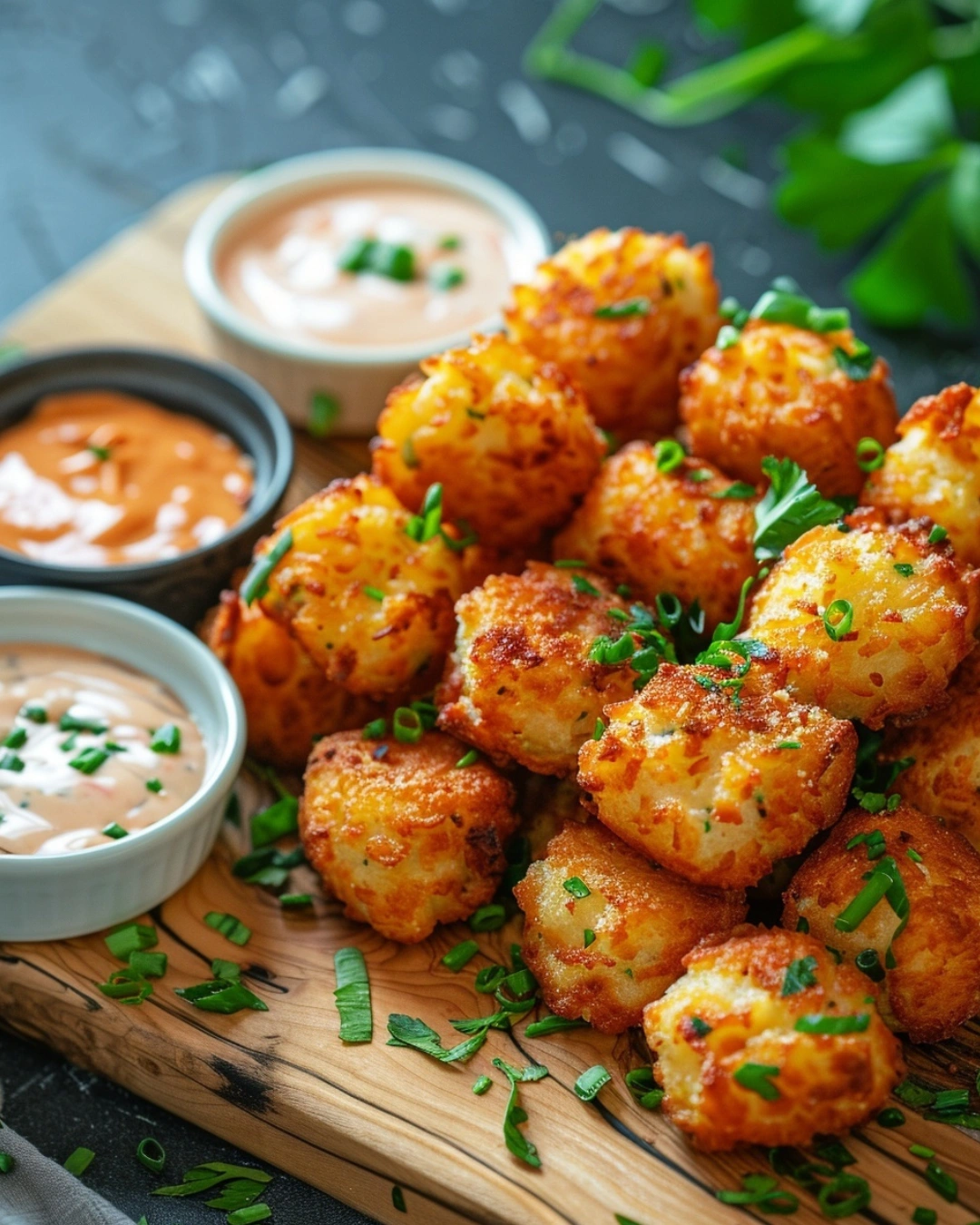 Served cottage cheese tots with dips
