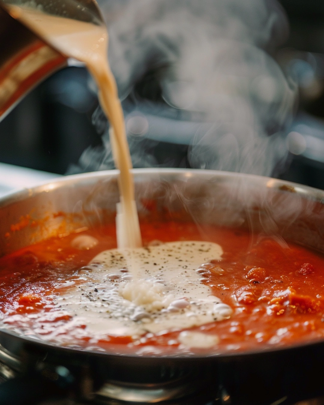adding cream to tomato pasta sauce
