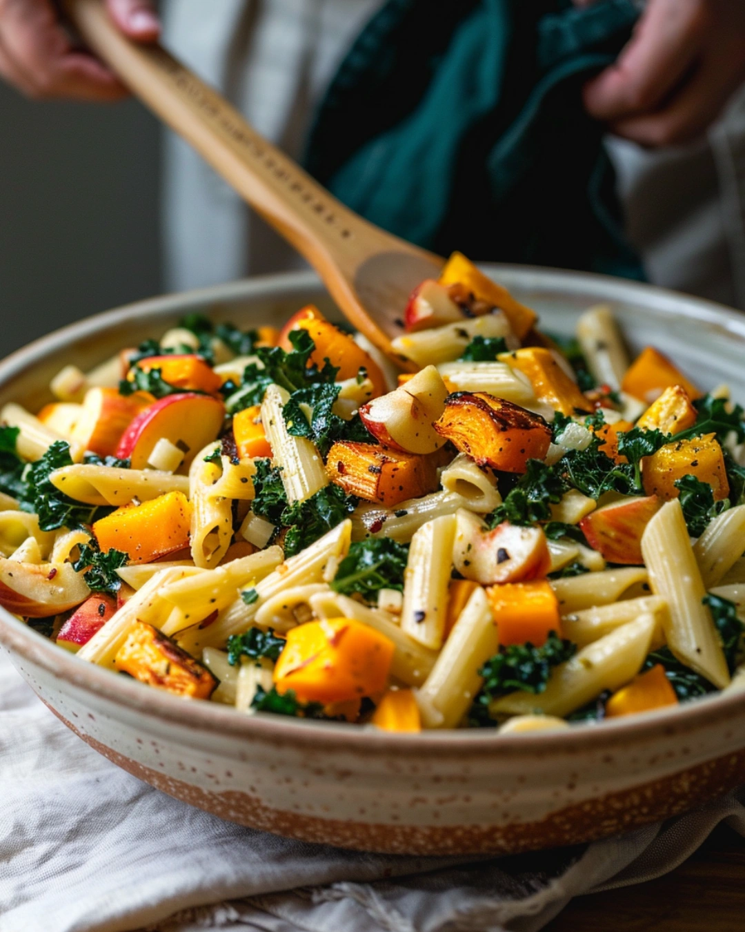Tossing Fall Harvest Pasta Salad in a modern ceramic bowl with maple-Dijon dressing