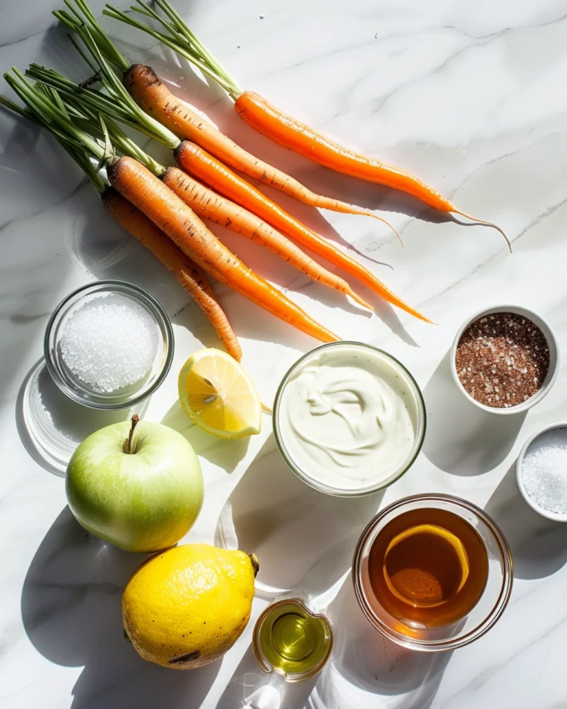 Carrot apple salad ingredients in modern kitchen