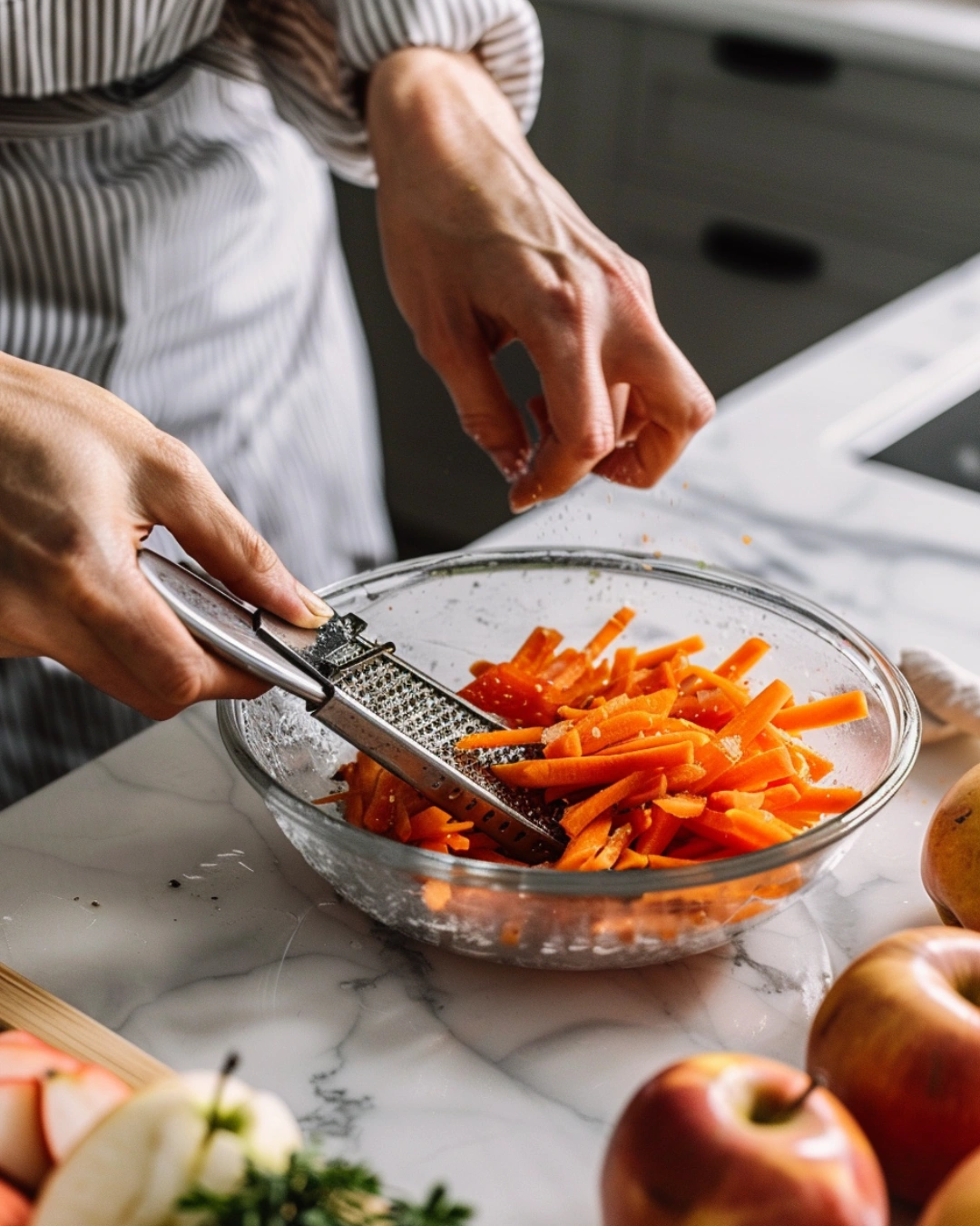 Preparing carrot apple salad in a modern setting