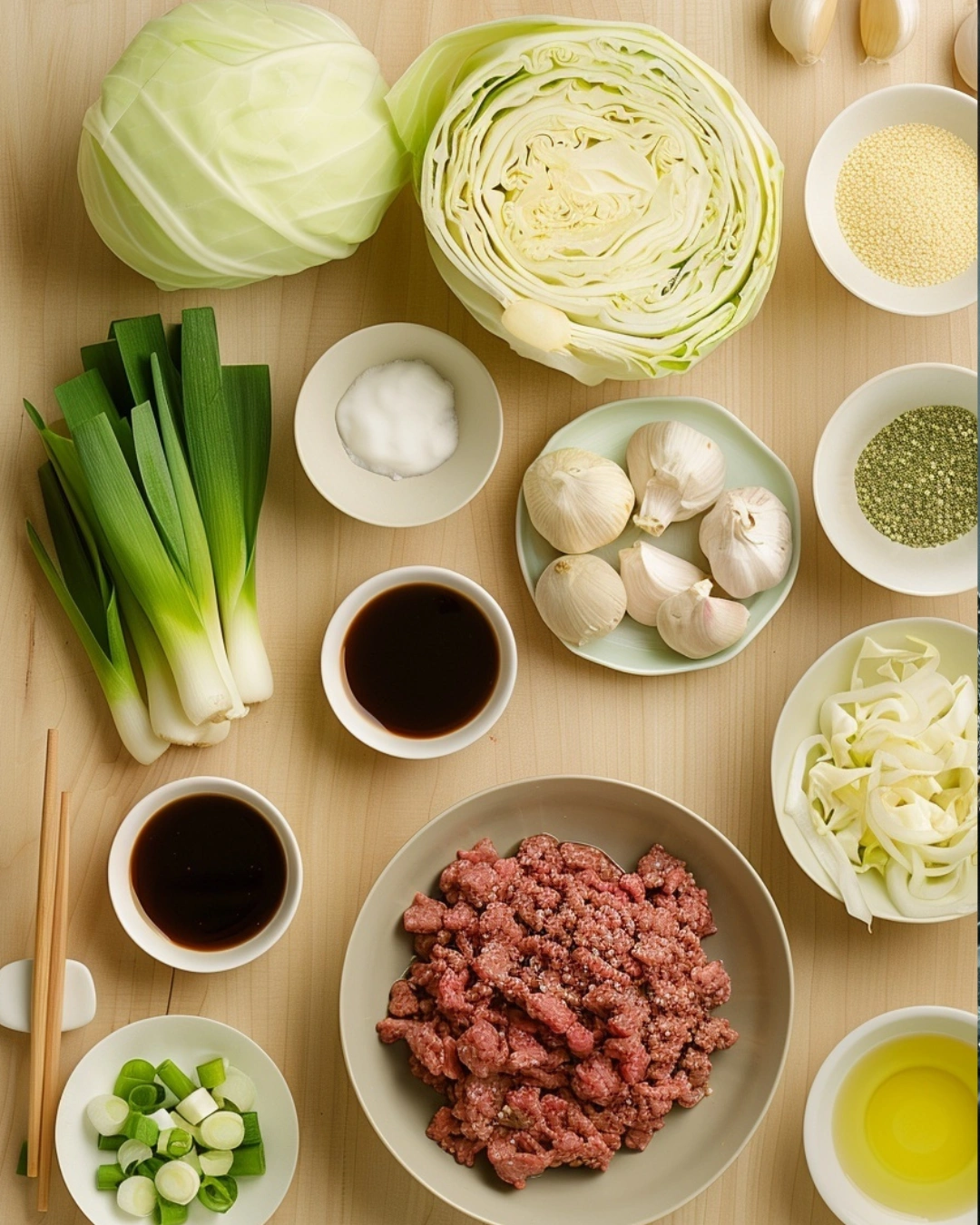 Raw cabbage, ground beef, garlic, soy sauce, and sesame oil ingredients