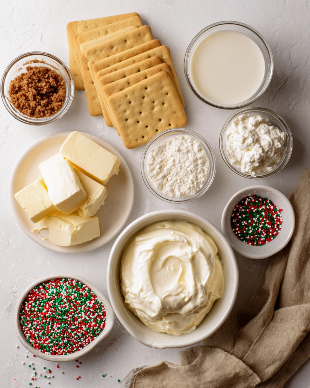 Ingredients for Christmas Cookie Lasagna arranged on a white background