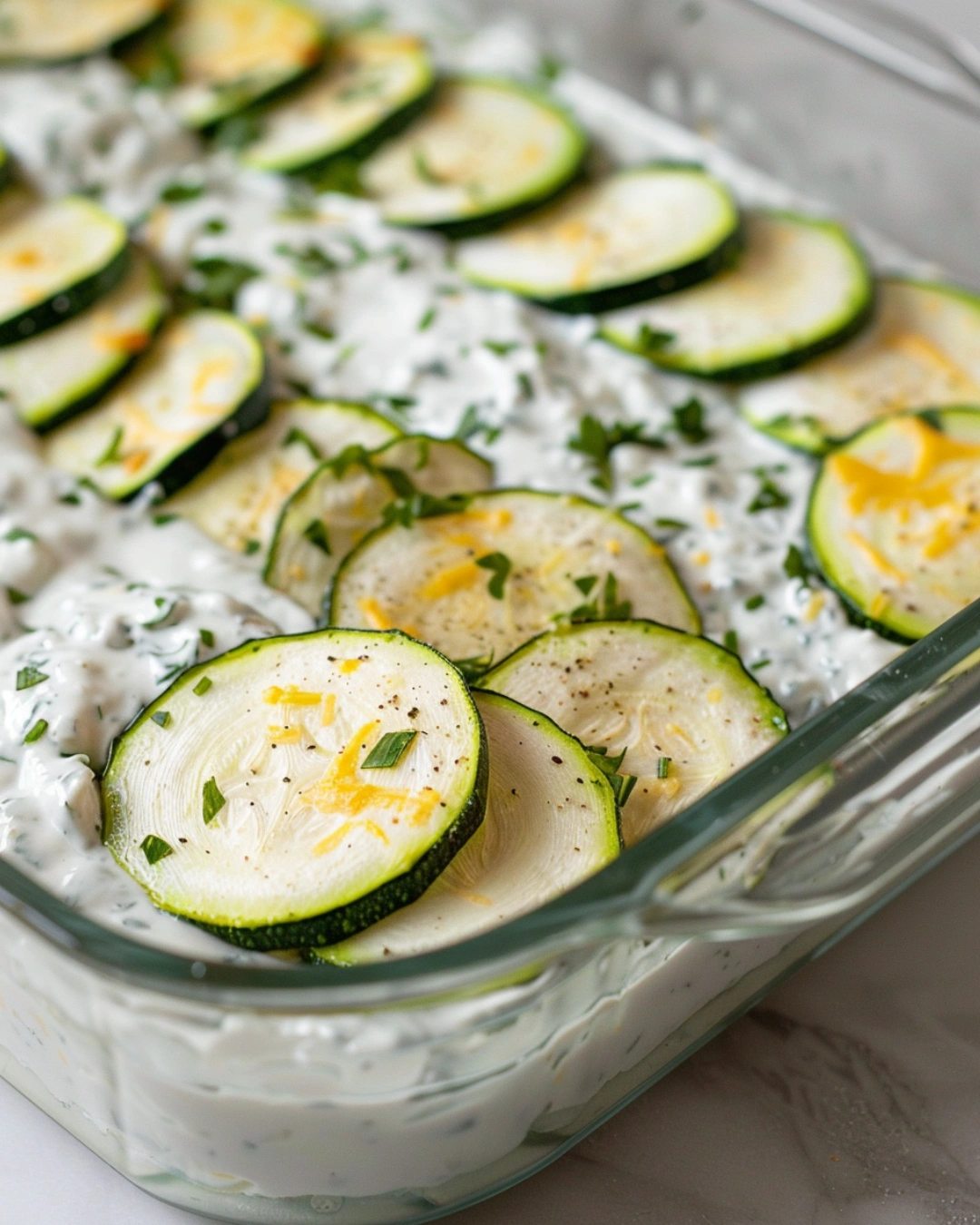 Layering zucchini and cheese mixture in baking dish
