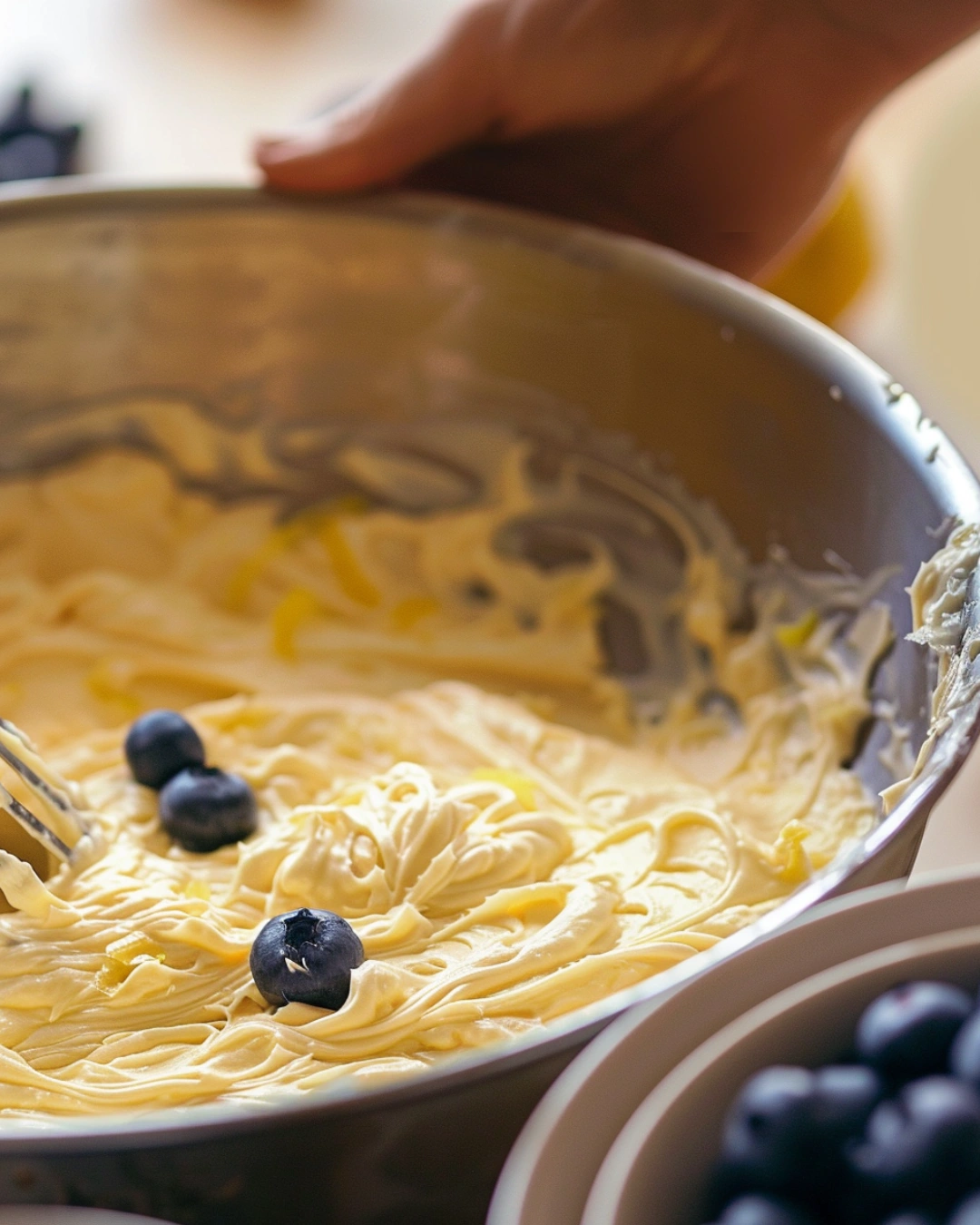 Whisk mixing lemon cake batter in glass bowl
