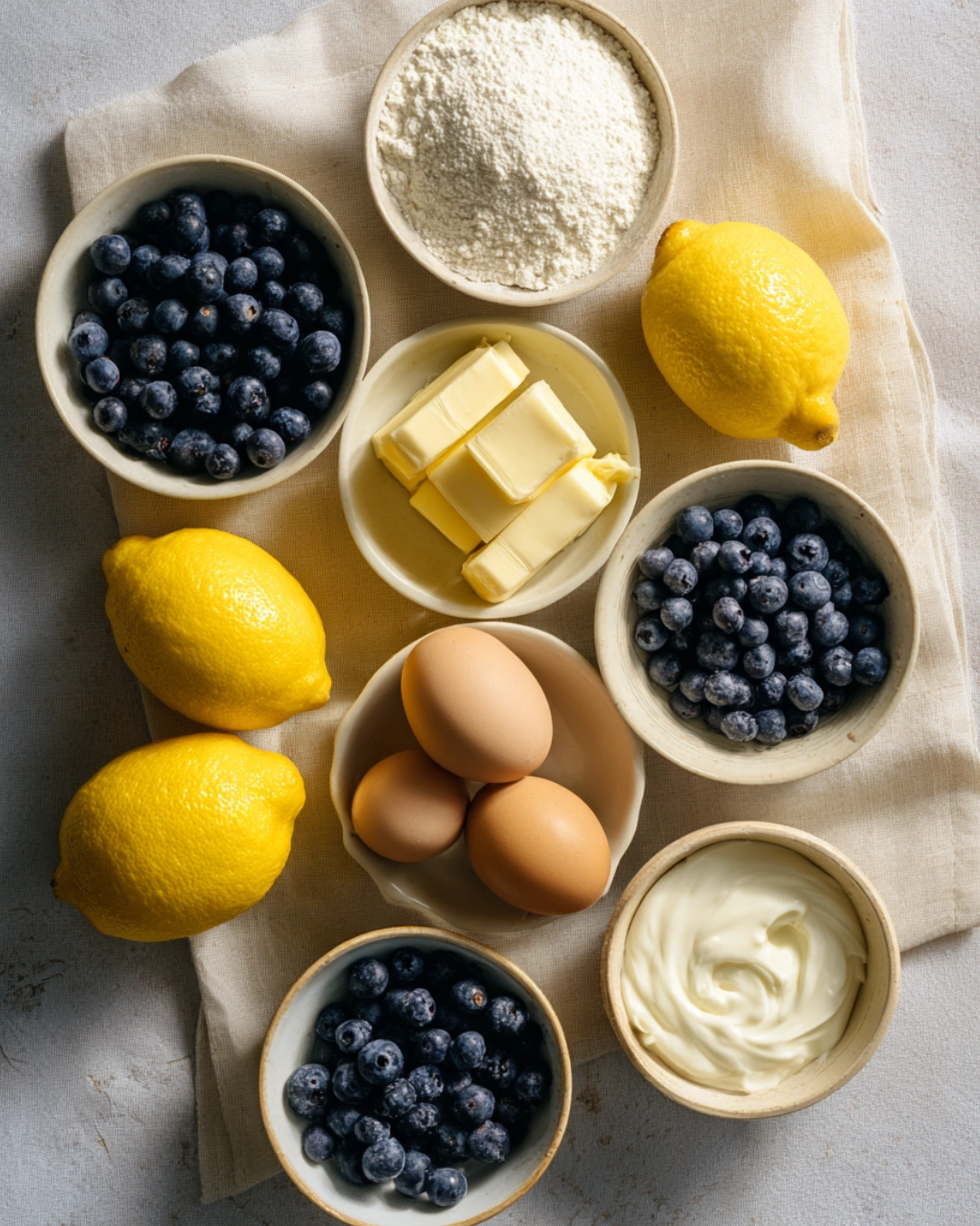 Ingredients for Lemon Blueberry Bundt Cake arranged on kitchen table