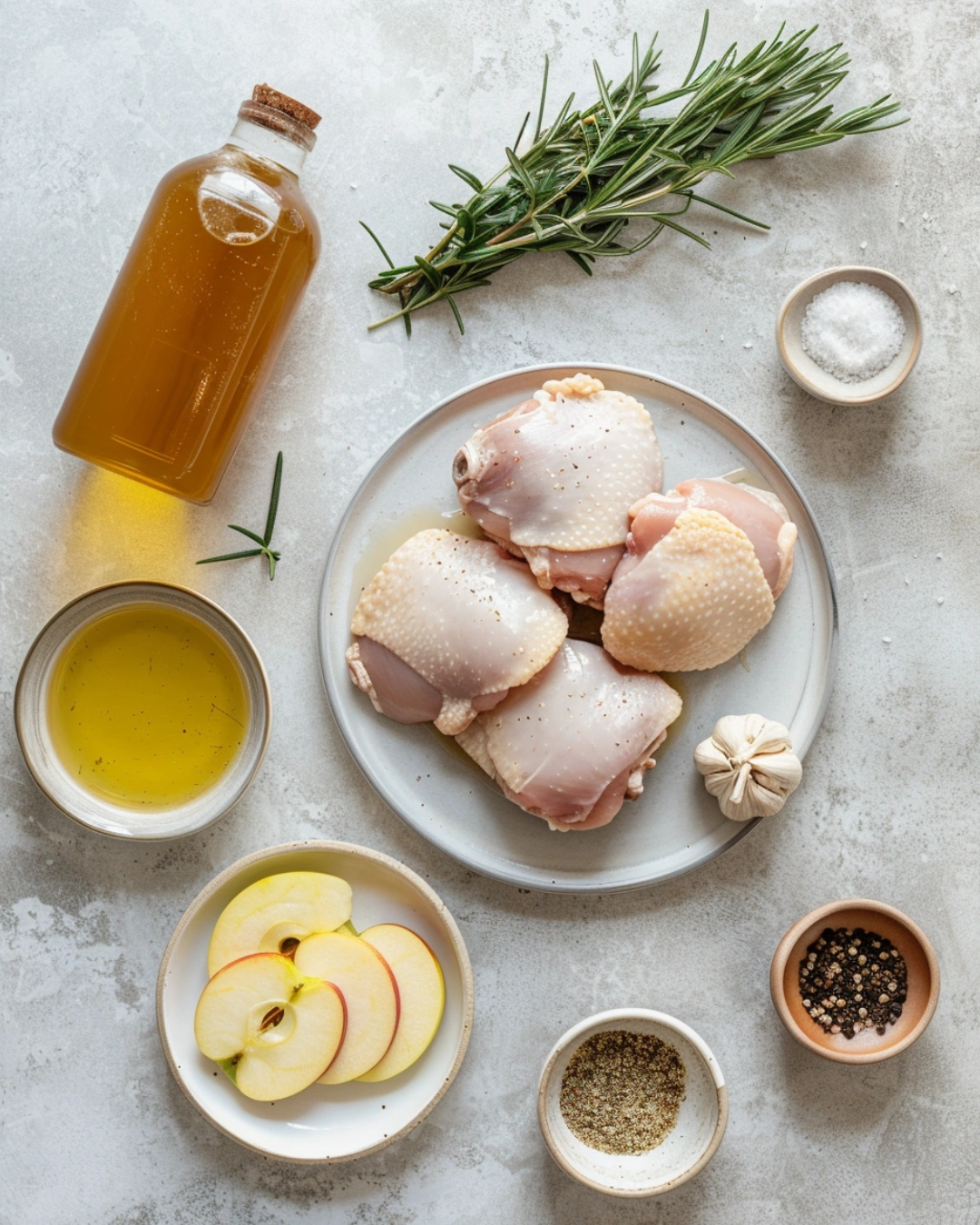 Modern flat lay of rosemary apple cider chicken ingredients on countertop