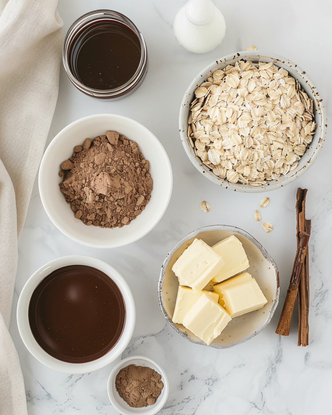 Ingredients for No-Bake Cookie Bars with Oats & Cocoa on marble counter
