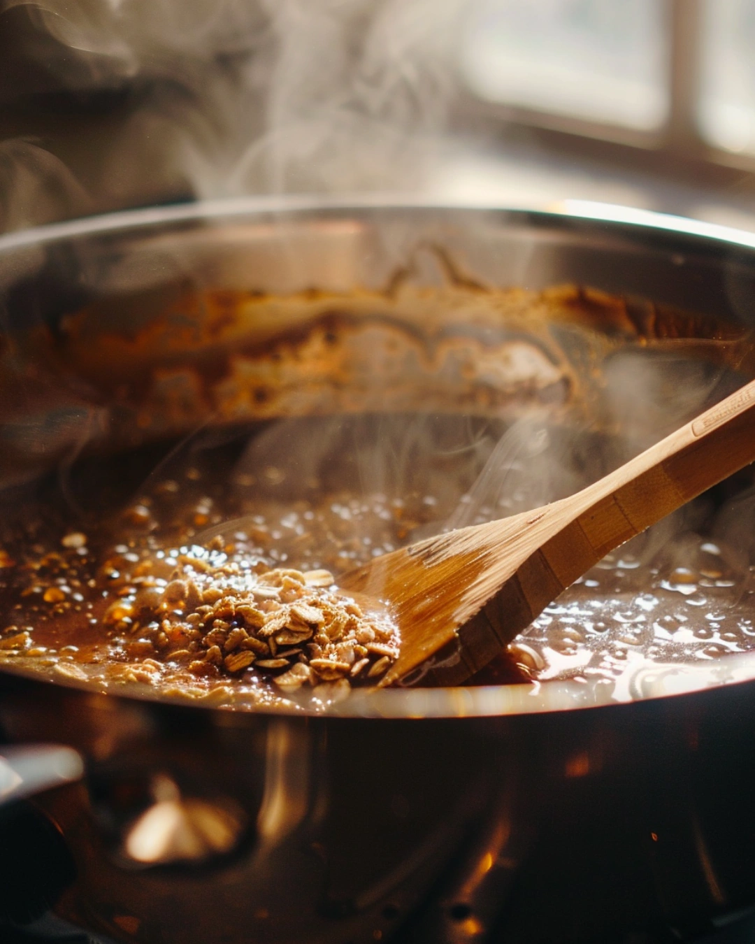 Stirring cocoa mixture for No-Bake Cookie Bars with Oats & Cocoa in saucepan
