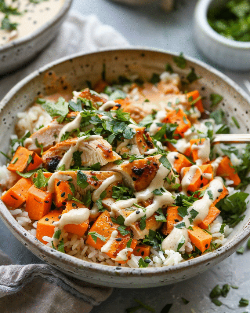 Chicken sweet potato bowl served