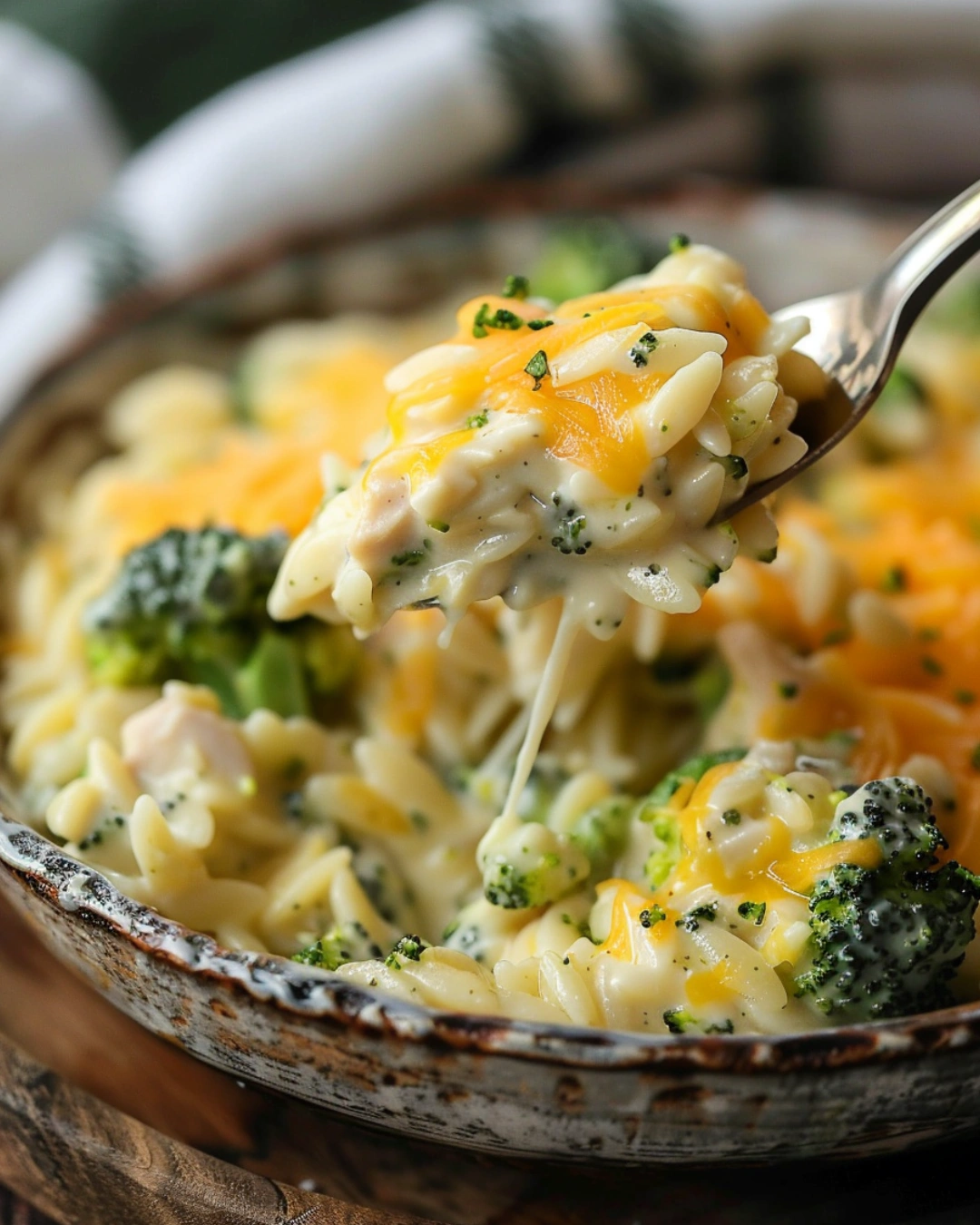 Serving creamy broccoli cheddar chicken orzo