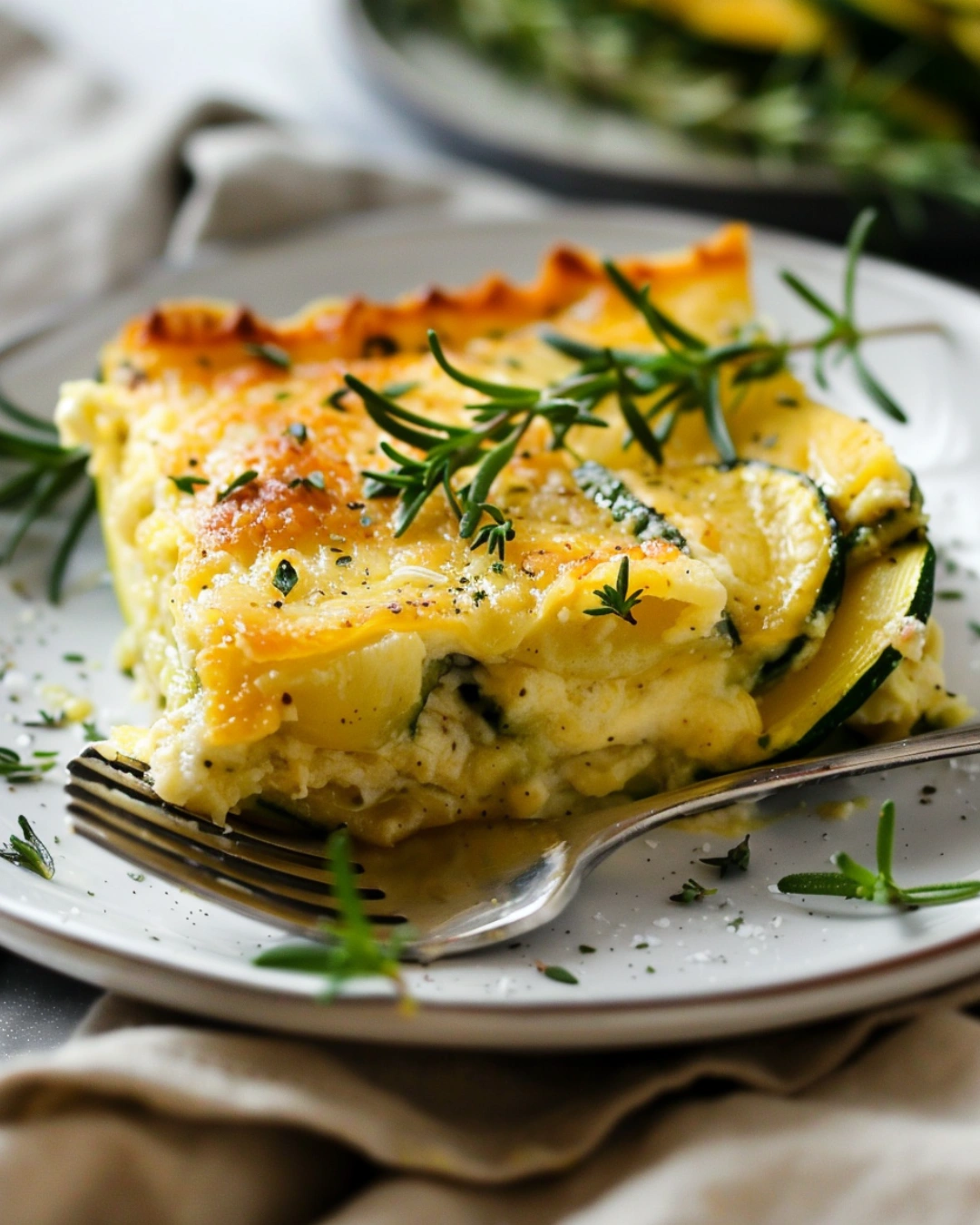 Plated serving of cheesy zucchini bake with herbs