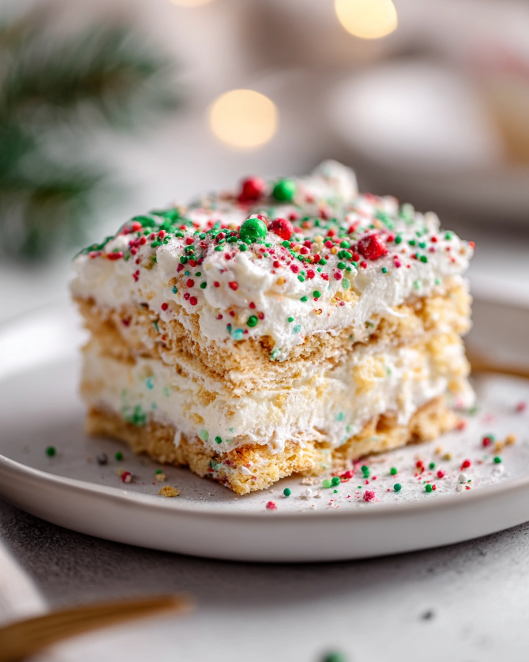 Slice of Christmas Cookie Lasagna served with cocoa and sprinkl