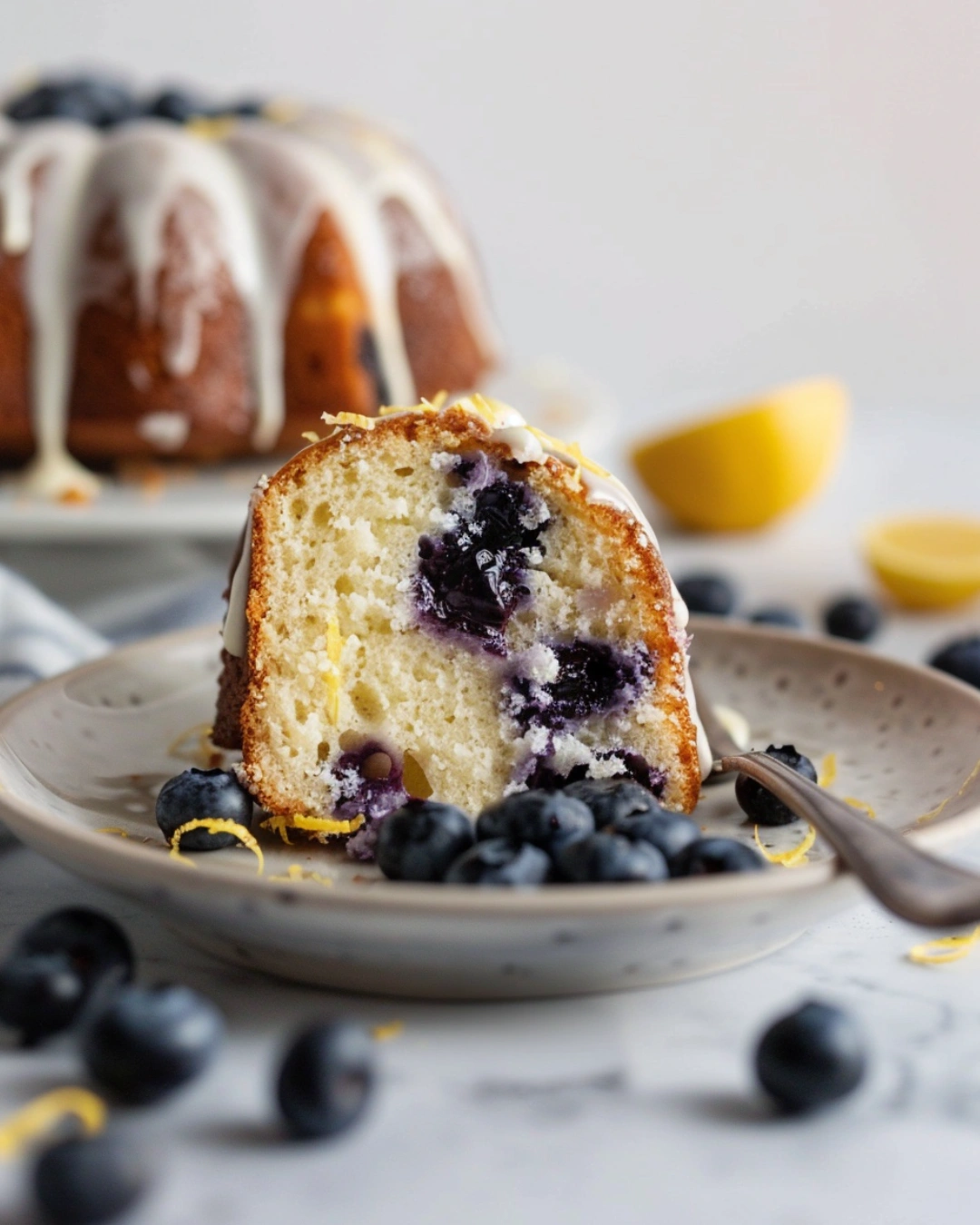 Slice of Lemon Blueberry Bundt Cake served with fresh blueberries