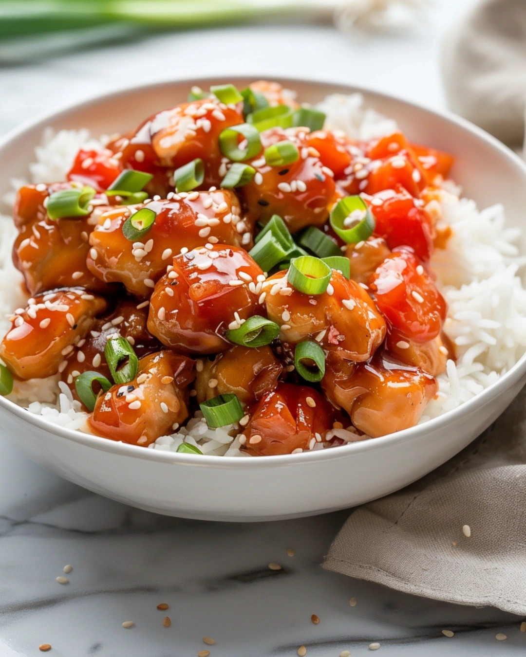 Sweet and sour chicken served with rice