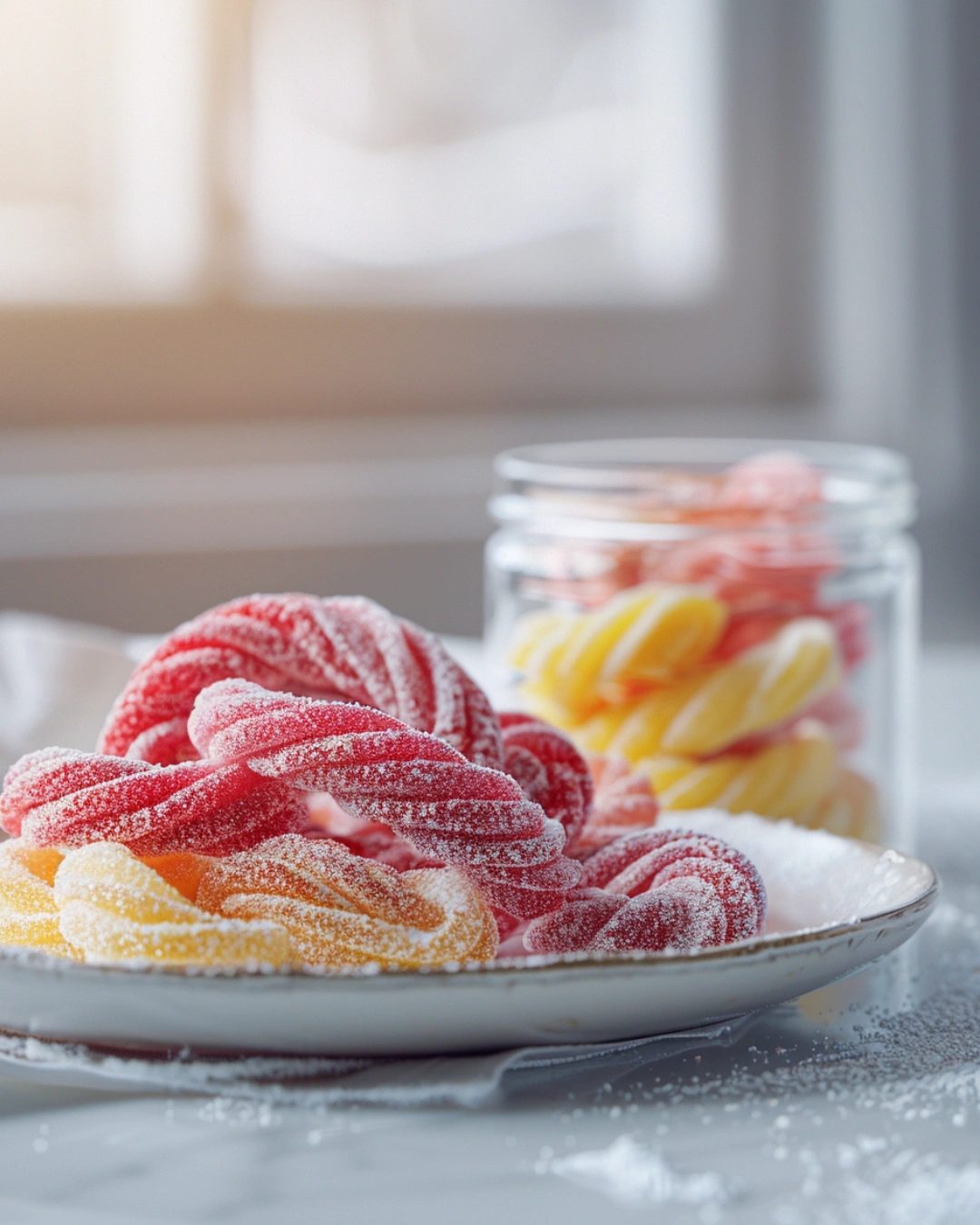 Homemade sweet tart ropes served in glass jar