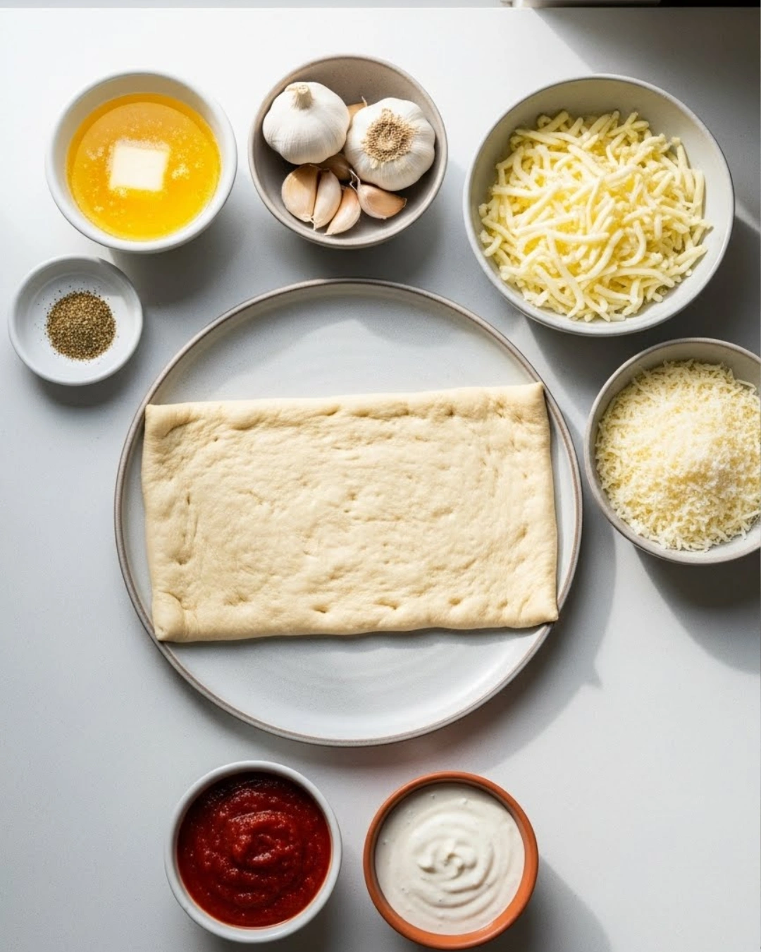 cheesy-breadsticks-ingredients-flatlay Pizza dough balls, shredded cheese, garlic, marinara, and seasonings on a countertop