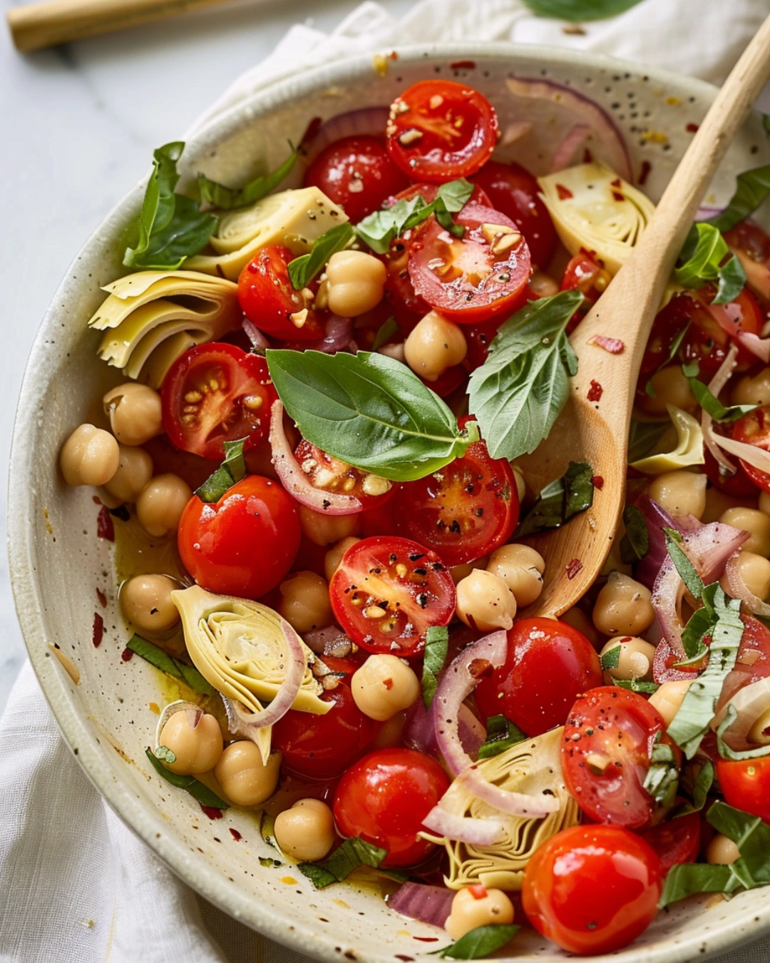 50+ Best Salad Recipes & Side Dishes: 50+ Easy Ideas for Any Meal 4 Tuscan tomato salad served in a white bowl with fresh basil and wooden spoon