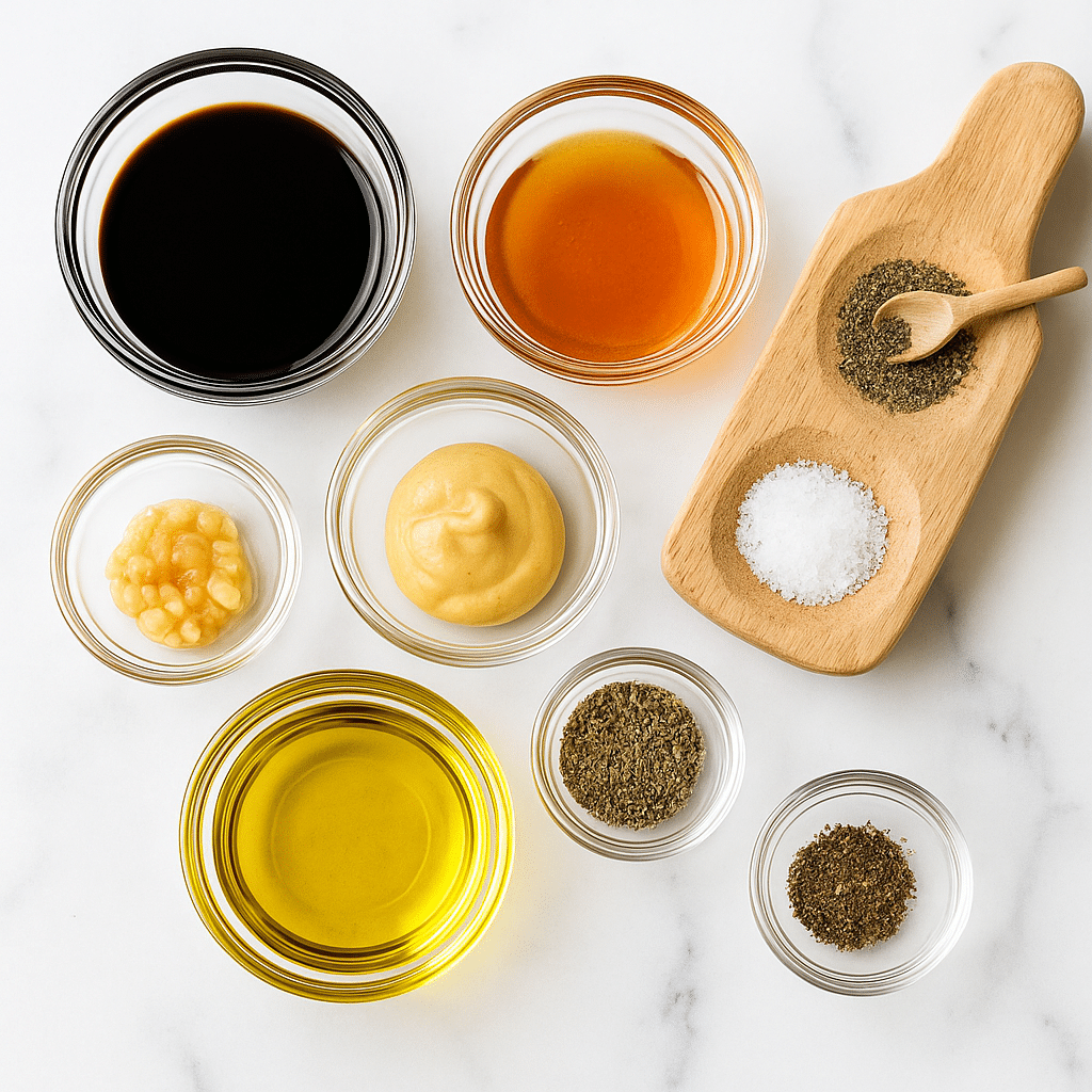 Ingredients for balsamic chicken marinade on kitchen counter