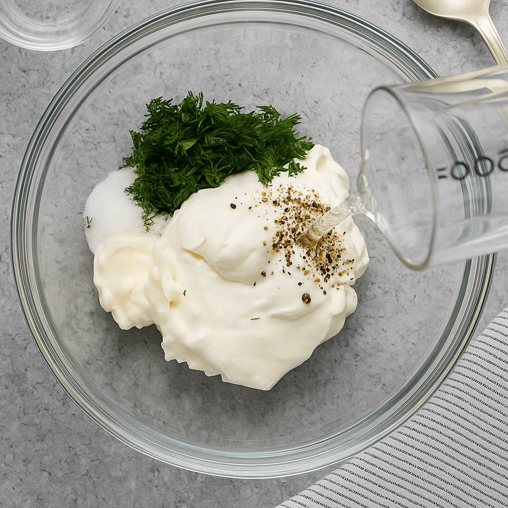 mixing creamy cucumber salad step by step
