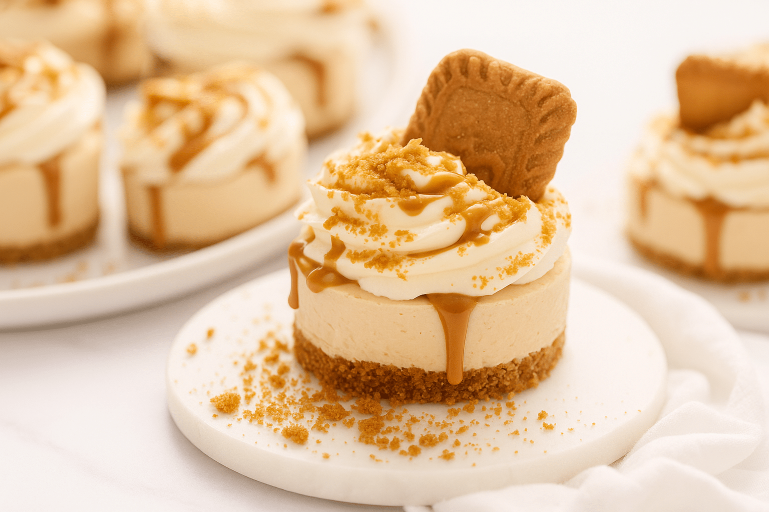 Mini Biscoff Cheesecake on cake stand