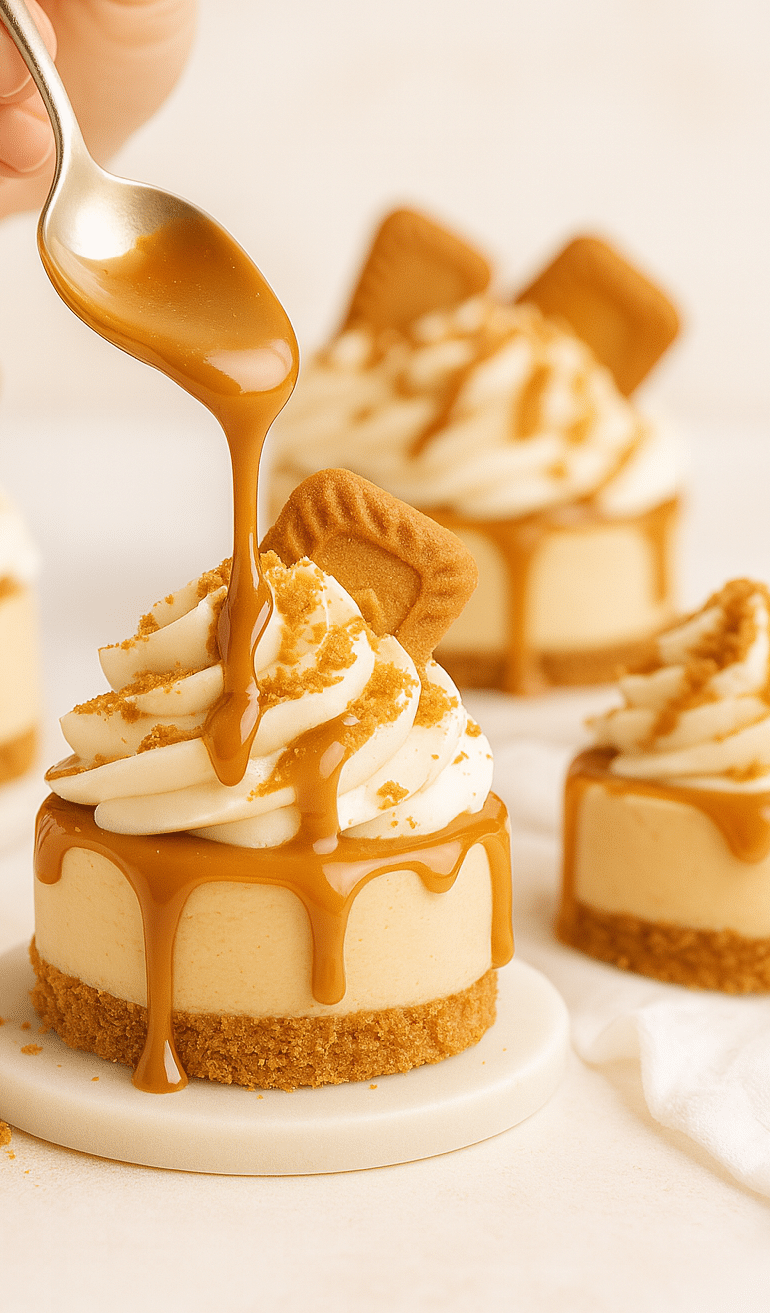 Mini cheesecake with whipped cream swirl being drizzled with caramel cookie butter and topped with cookie and crumbs