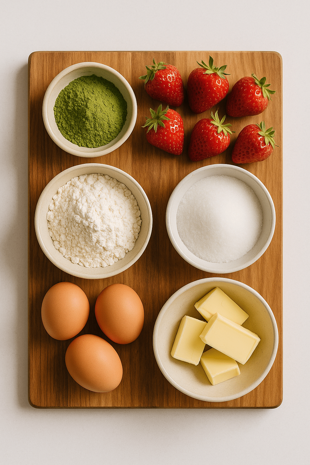 Ingredients for Strawberry Matcha Cake on kitchen counter