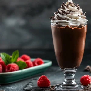 Chocolate mousse in glass cups with whipped cream and chocolate shavings