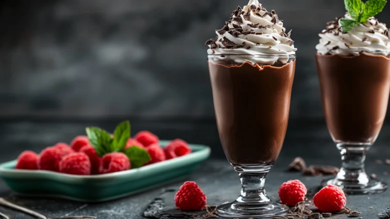 Chocolate mousse in glass cups with whipped cream and chocolate shavings