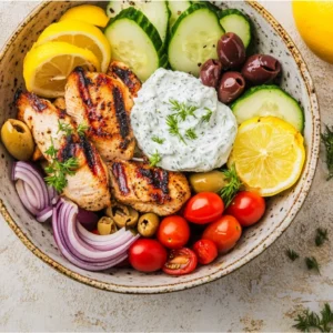 Greek chicken bowl with grilled chicken, vegetables, and feta in a rustic bowl