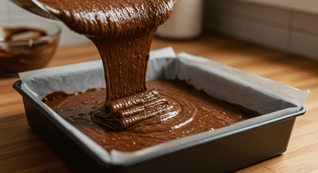 Almond flour brownie batter being poured into pan