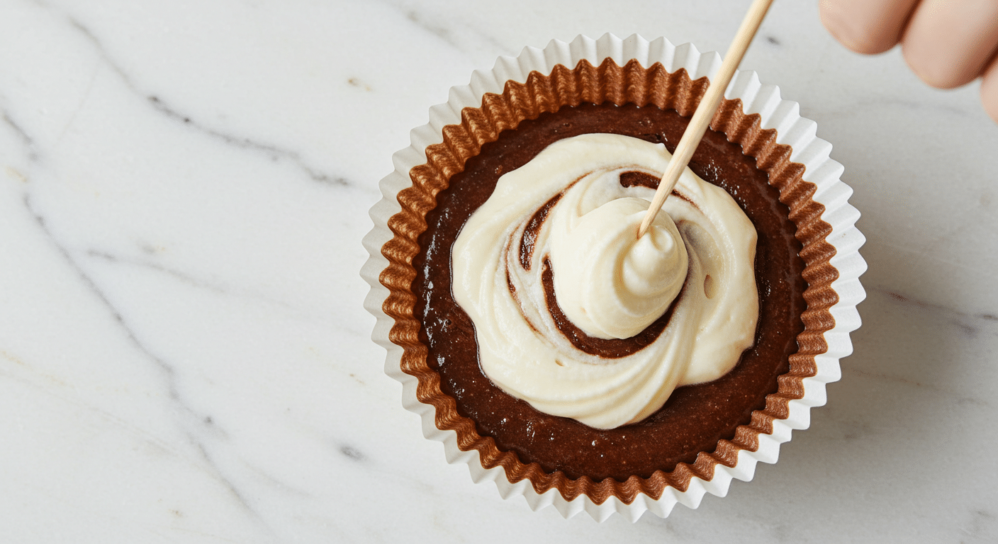 Swirling cream cheese into brownie batter in cupcake liner