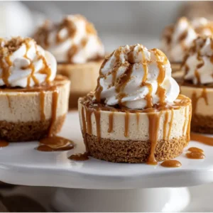 Mini Biscoff Cheesecake: 5 Irresistible Reasons to Try It 34 Mini Biscoff cheesecakes topped with whipped cream and cookie drizzle on a white cake stand