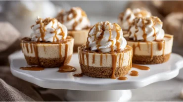 Mini Biscoff cheesecakes topped with whipped cream and cookie drizzle on a white cake stand