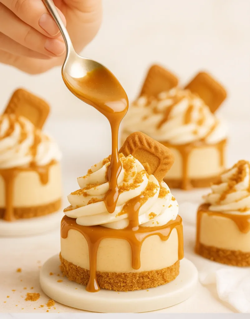 Hand piping whipped cream onto mini Biscoff cheesecakes with Biscoff spread drizzle