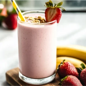 Strawberry banana protein shake topped with fruit in a tall glass.