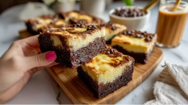 Mango Cheesecake Brownies on a tropical dessert plate