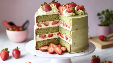 Strawberry Matcha Cake with Cream and Fresh Strawberries