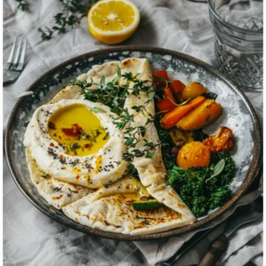 Cottage cheese flatbread with salad and dip