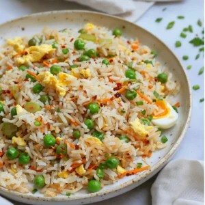 Fried rice served on a white plate with chopped scallions and vegetables