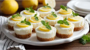 Overhead shot of mini lemon cheesecakes with lemon garnish